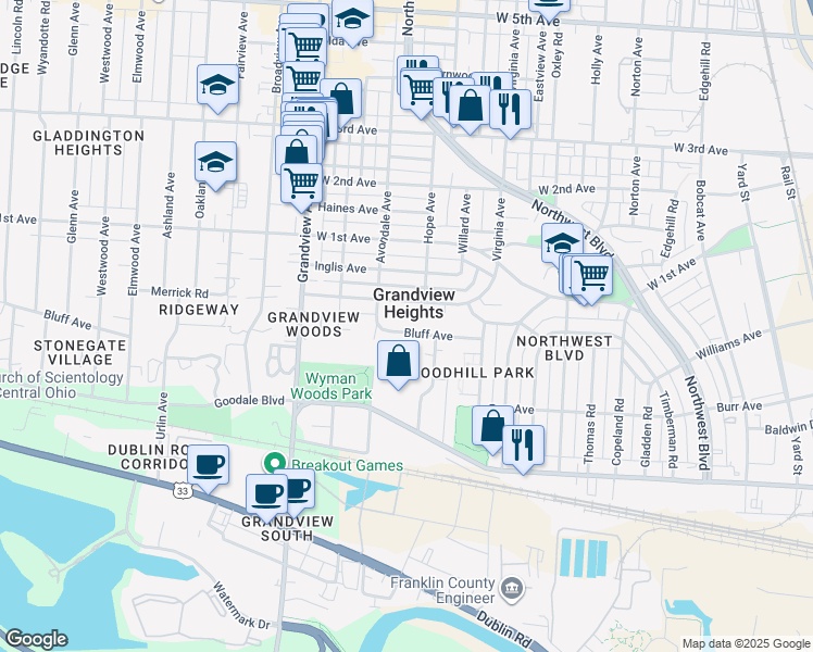 map of restaurants, bars, coffee shops, grocery stores, and more near 1371 Mulford Road in Columbus