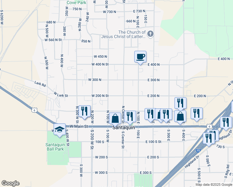 map of restaurants, bars, coffee shops, grocery stores, and more near 40 West 200 North in Santaquin