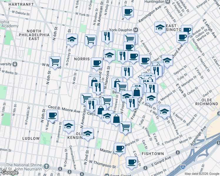 map of restaurants, bars, coffee shops, grocery stores, and more near 1930 Waterloo Street in Philadelphia
