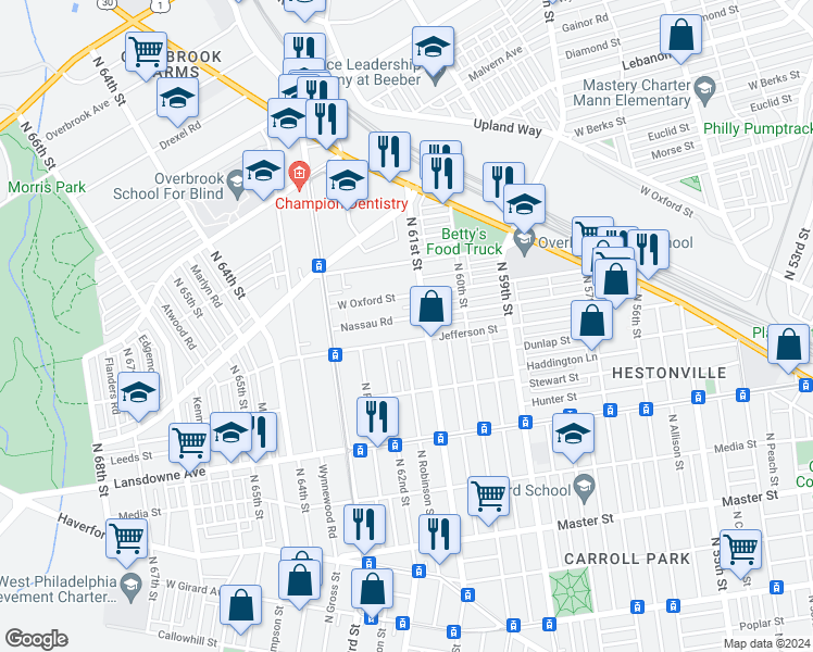 map of restaurants, bars, coffee shops, grocery stores, and more near 6114 Nassau Road in Philadelphia