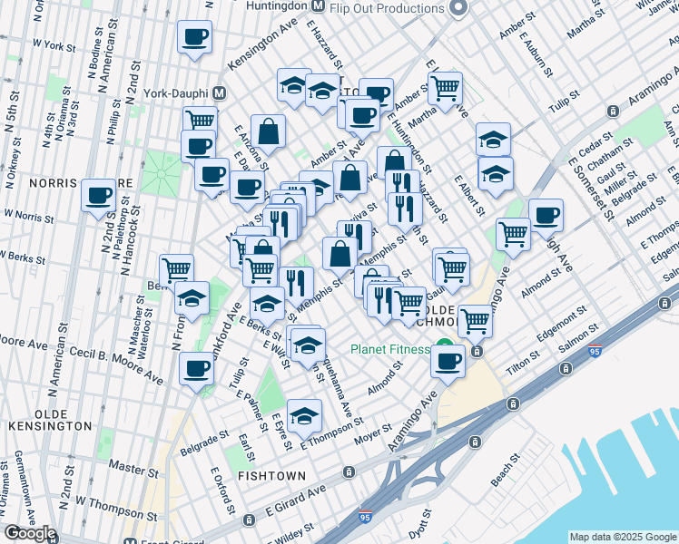 map of restaurants, bars, coffee shops, grocery stores, and more near 2319 East Gordon Street in Philadelphia