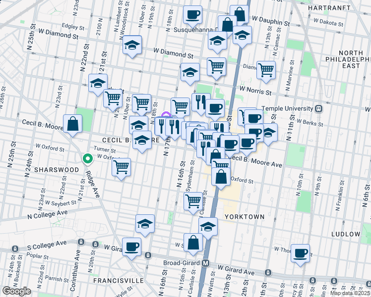 map of restaurants, bars, coffee shops, grocery stores, and more near Cecil B. Moore Avenue in Philadelphia