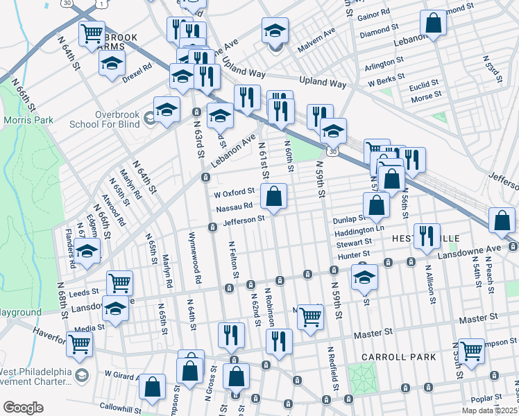 map of restaurants, bars, coffee shops, grocery stores, and more near 6112 Nassau Road in Philadelphia
