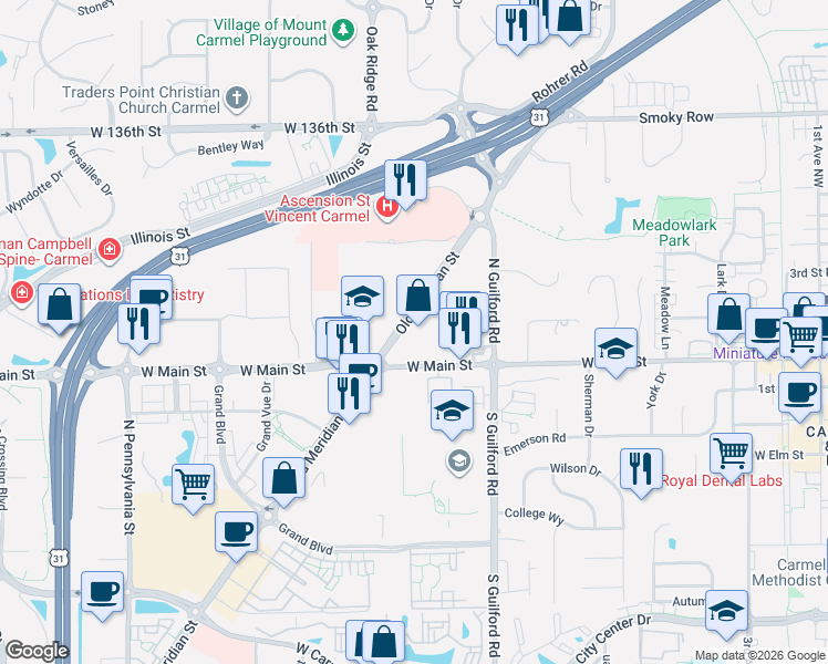 map of restaurants, bars, coffee shops, grocery stores, and more near 13155 Old Meridian Street in Carmel