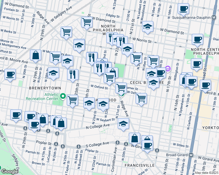 map of restaurants, bars, coffee shops, grocery stores, and more near 2203 West Oxford Street in Philadelphia