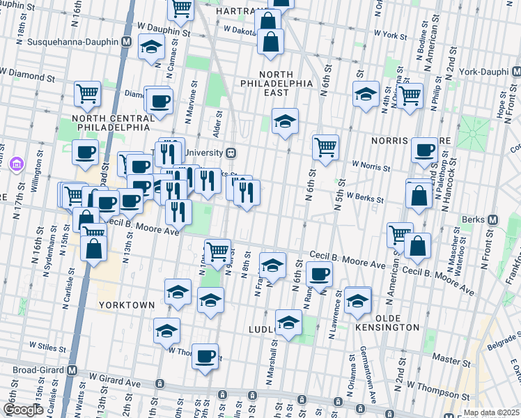 map of restaurants, bars, coffee shops, grocery stores, and more near 735 West Montgomery Avenue in Philadelphia