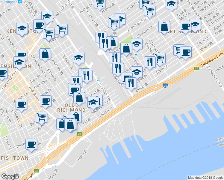 map of restaurants, bars, coffee shops, grocery stores, and more near 2726 E Thompson St in Philadelphia