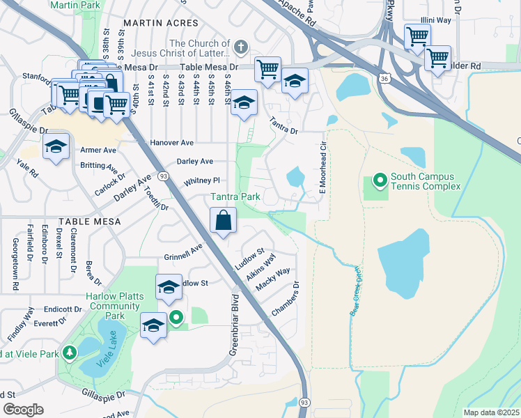 map of restaurants, bars, coffee shops, grocery stores, and more near 1059 Tantra Park Circle in Boulder