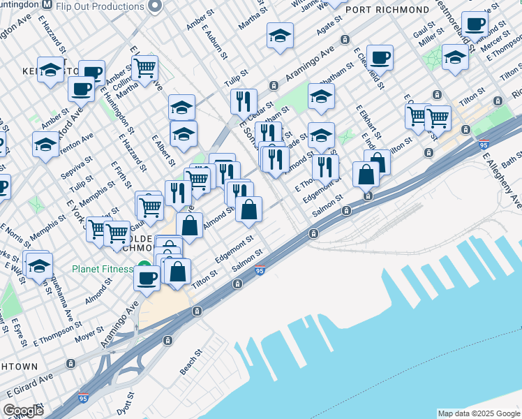 map of restaurants, bars, coffee shops, grocery stores, and more near 2726 E Thompson St in Philadelphia