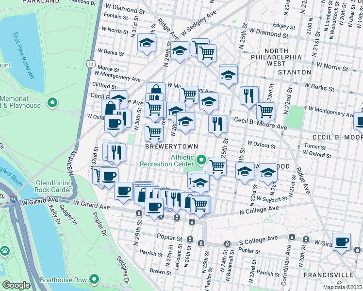 map of restaurants, bars, coffee shops, grocery stores, and more near 1521 North Marston Street in Philadelphia
