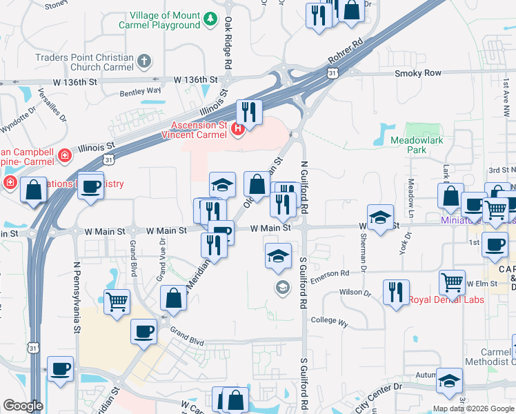 map of restaurants, bars, coffee shops, grocery stores, and more near 13155 Old Meridian Street in Carmel