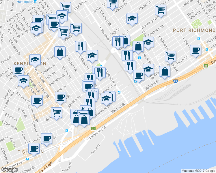 map of restaurants, bars, coffee shops, grocery stores, and more near 2658 Almond Street in Philadelphia