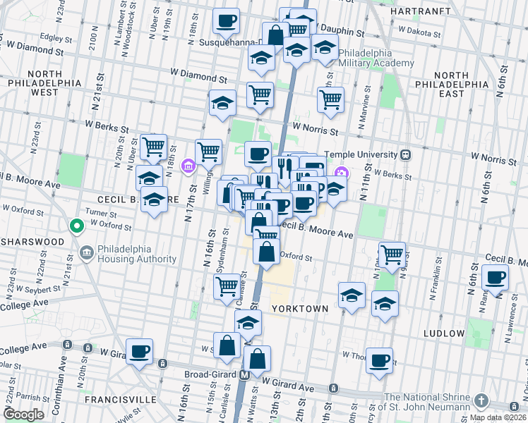 map of restaurants, bars, coffee shops, grocery stores, and more near 1719 North Broad Street in Philadelphia
