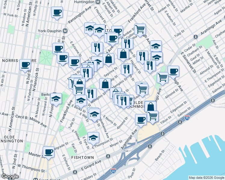 map of restaurants, bars, coffee shops, grocery stores, and more near 2351 East Hagert Street in Philadelphia