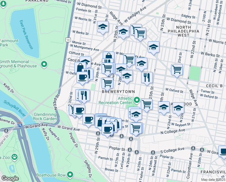 map of restaurants, bars, coffee shops, grocery stores, and more near 1510 North Newkirk Street in Philadelphia
