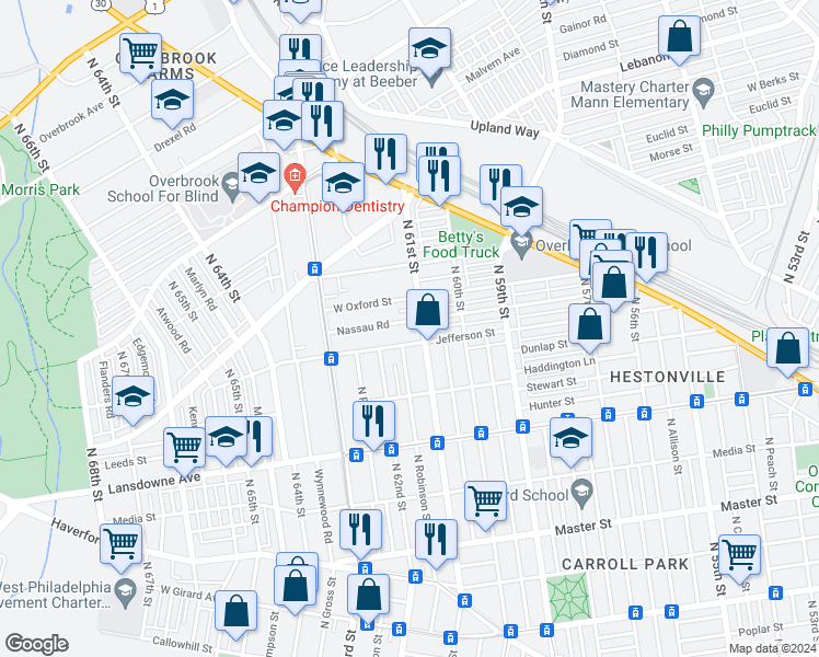 map of restaurants, bars, coffee shops, grocery stores, and more near 6108 Nassau Road in Philadelphia