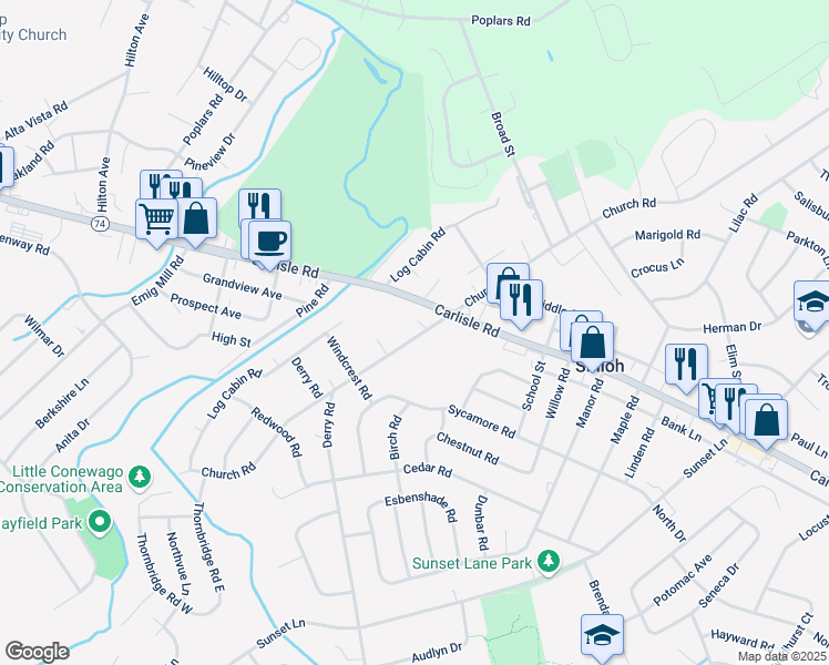 map of restaurants, bars, coffee shops, grocery stores, and more near 2231 Church Road in York
