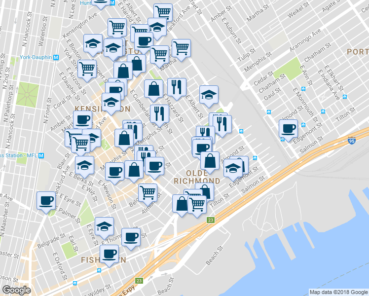 map of restaurants, bars, coffee shops, grocery stores, and more near 2437 East Firth Street in Philadelphia