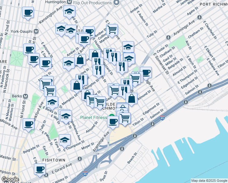 map of restaurants, bars, coffee shops, grocery stores, and more near 2437 East Firth Street in Philadelphia