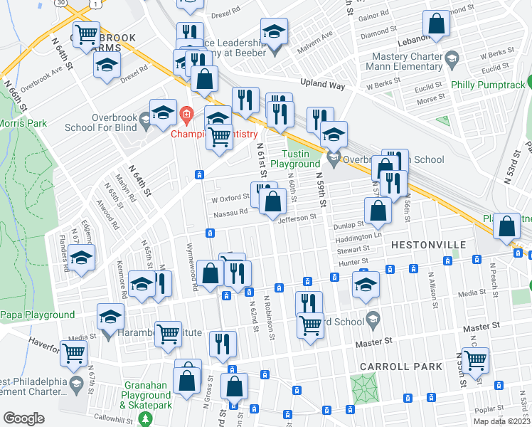 map of restaurants, bars, coffee shops, grocery stores, and more near 6100 Nassau Road in Philadelphia