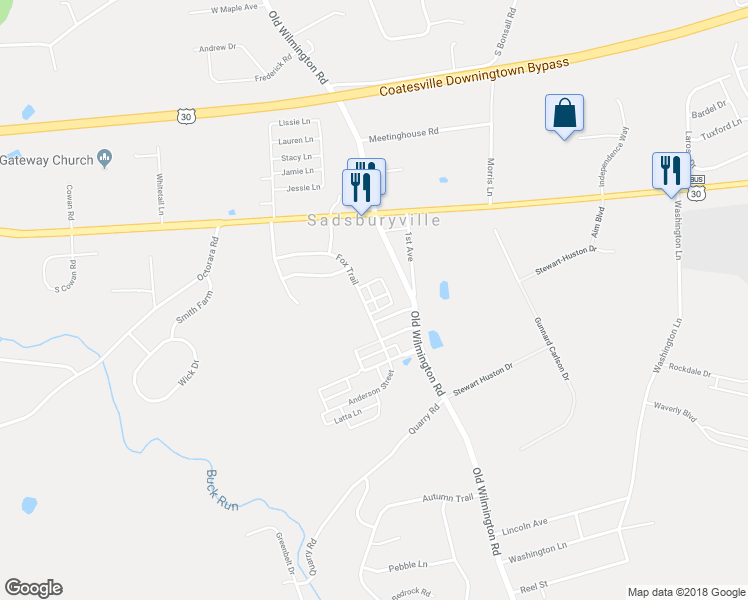 map of restaurants, bars, coffee shops, grocery stores, and more near Wynne Lane in Parkesburg