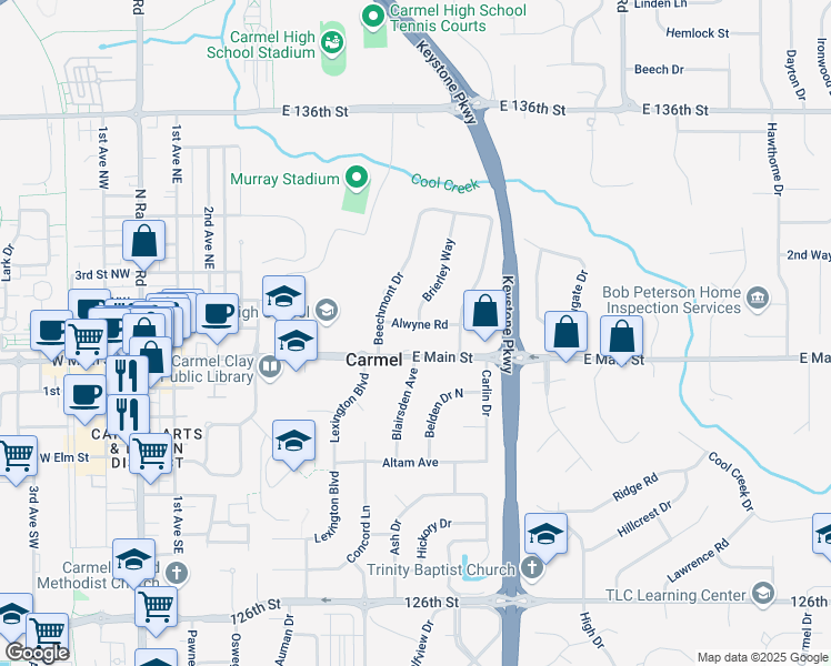 map of restaurants, bars, coffee shops, grocery stores, and more near 104 Brierley Way in Carmel