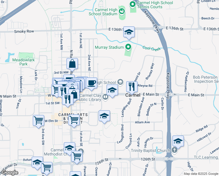map of restaurants, bars, coffee shops, grocery stores, and more near 520 East Main Street in Carmel