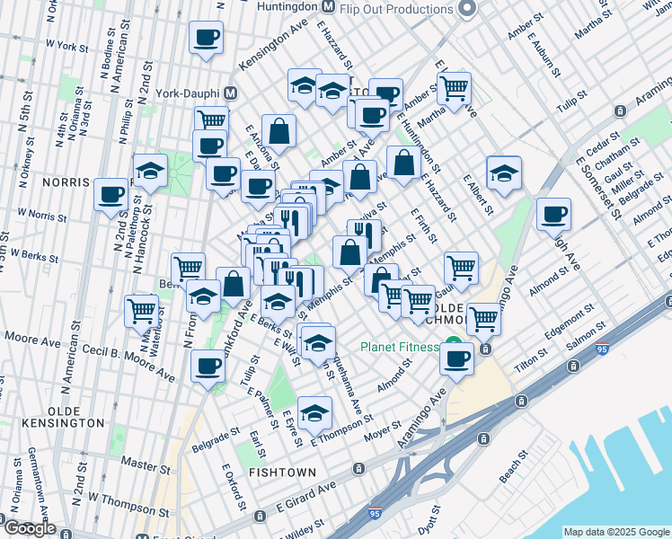 map of restaurants, bars, coffee shops, grocery stores, and more near 2308 East Dakota Street in Philadelphia