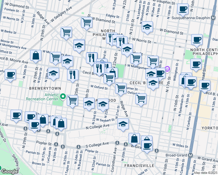 map of restaurants, bars, coffee shops, grocery stores, and more near 2203 West Oxford Street in Philadelphia