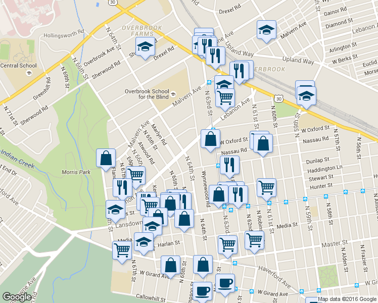 map of restaurants, bars, coffee shops, grocery stores, and more near 1025 North 64th Street in Philadelphia