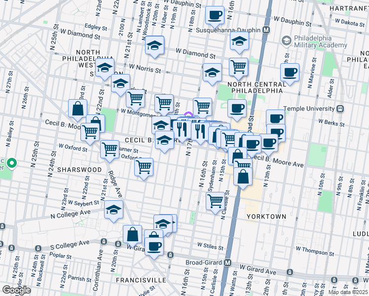 map of restaurants, bars, coffee shops, grocery stores, and more near 1723 Cecil B. Moore Avenue in Philadelphia