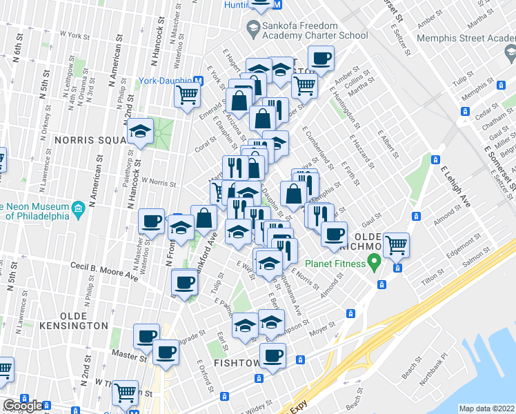 map of restaurants, bars, coffee shops, grocery stores, and more near 2210 East Fletcher Street in Philadelphia