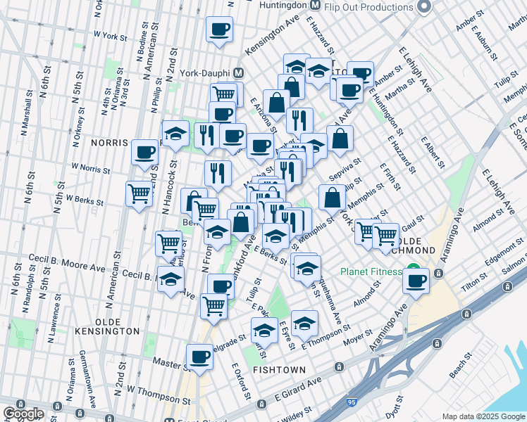 map of restaurants, bars, coffee shops, grocery stores, and more near 2017 Blair Street in Philadelphia