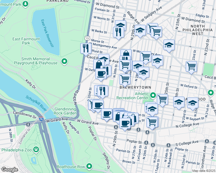 map of restaurants, bars, coffee shops, grocery stores, and more near 1462 North Corlies Street in Philadelphia