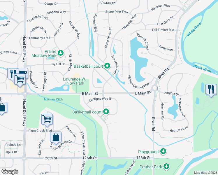 map of restaurants, bars, coffee shops, grocery stores, and more near 5825 Pheasant Court in Carmel