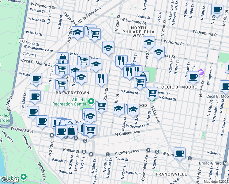 map of restaurants, bars, coffee shops, grocery stores, and more near 2429 Redner Street in Philadelphia
