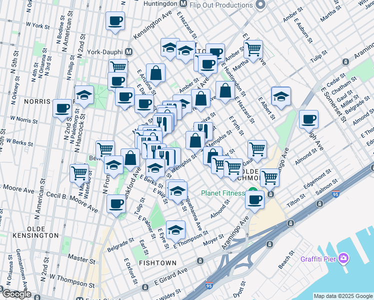 map of restaurants, bars, coffee shops, grocery stores, and more near 2308 East Dakota Street in Philadelphia