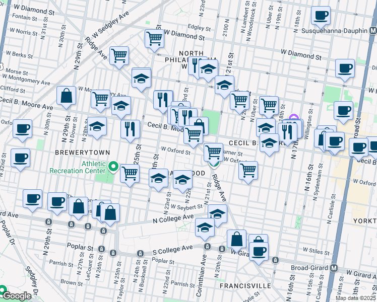 map of restaurants, bars, coffee shops, grocery stores, and more near 2144 Cecil B. Moore Avenue in Philadelphia