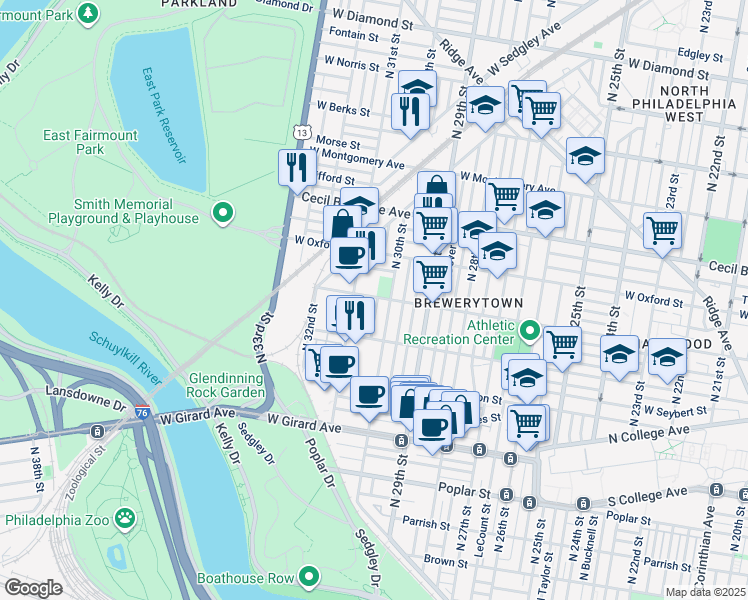 map of restaurants, bars, coffee shops, grocery stores, and more near 1462 North Corlies Street in Philadelphia