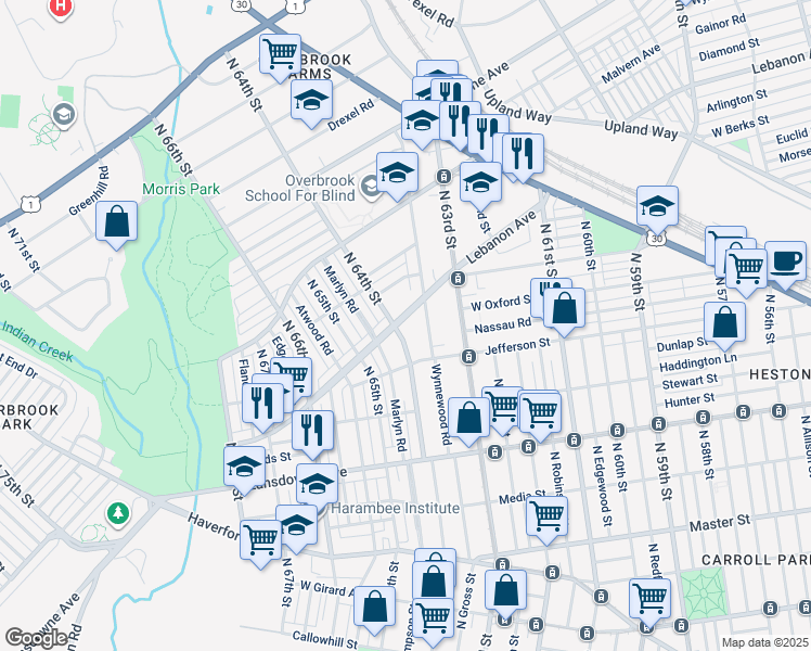 map of restaurants, bars, coffee shops, grocery stores, and more near 1025 North 64th Street in Philadelphia