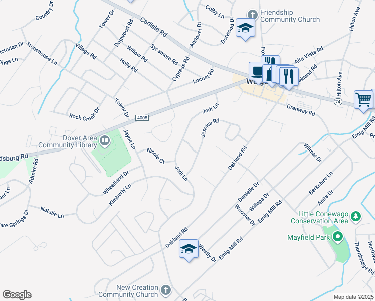 map of restaurants, bars, coffee shops, grocery stores, and more near 3202 Ashley Lane in Dover