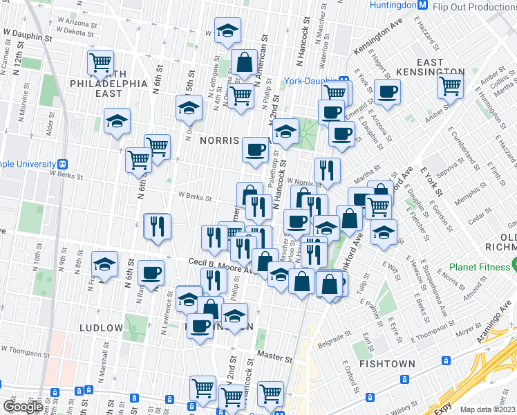 map of restaurants, bars, coffee shops, grocery stores, and more near 1901 North 2nd Street in Philadelphia