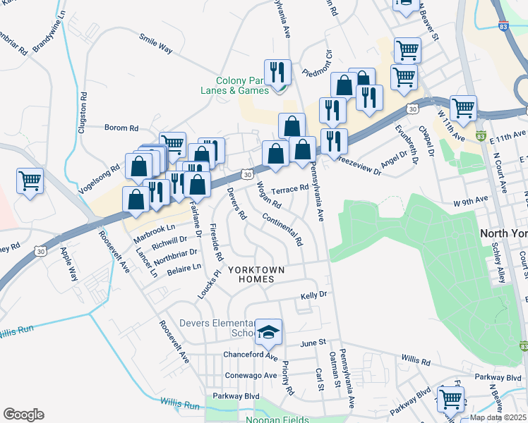 map of restaurants, bars, coffee shops, grocery stores, and more near 1505 Continental Road in York