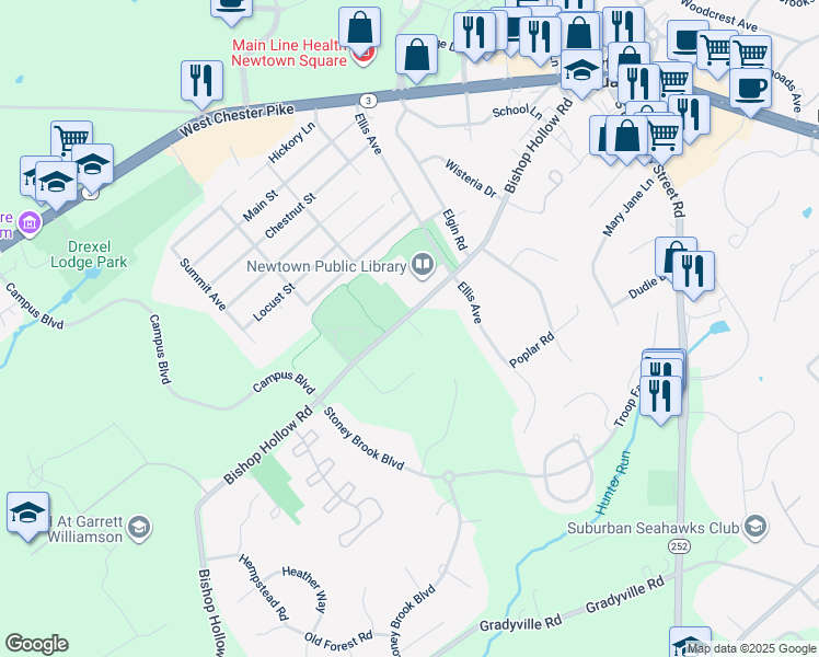 map of restaurants, bars, coffee shops, grocery stores, and more near 318 Bishop Hollow Road in Newtown Square