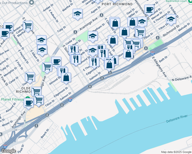 map of restaurants, bars, coffee shops, grocery stores, and more near 2847 Salmon Street in Philadelphia