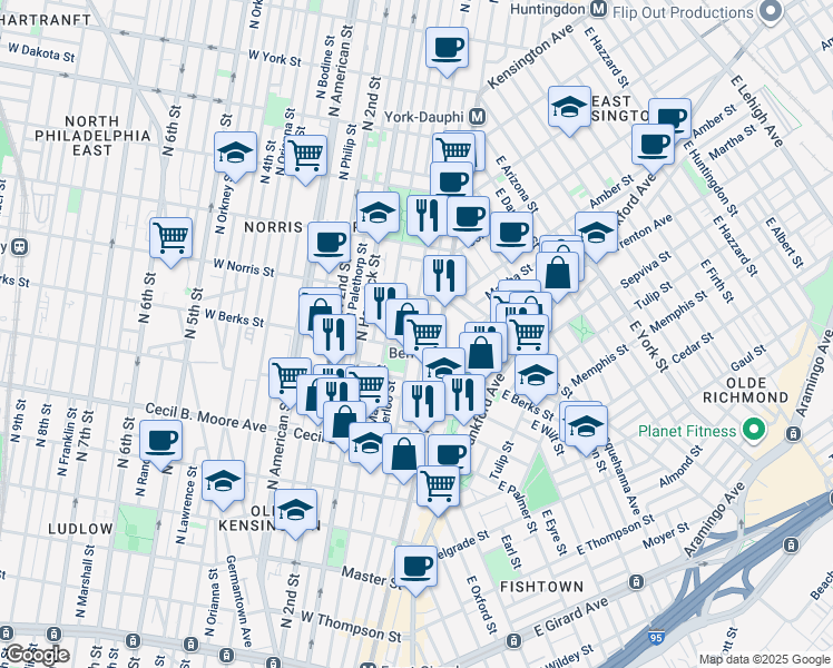 map of restaurants, bars, coffee shops, grocery stores, and more near 1915 North Howard Street in Philadelphia