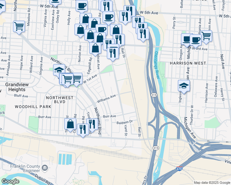 map of restaurants, bars, coffee shops, grocery stores, and more near 850 Williams Avenue in Columbus