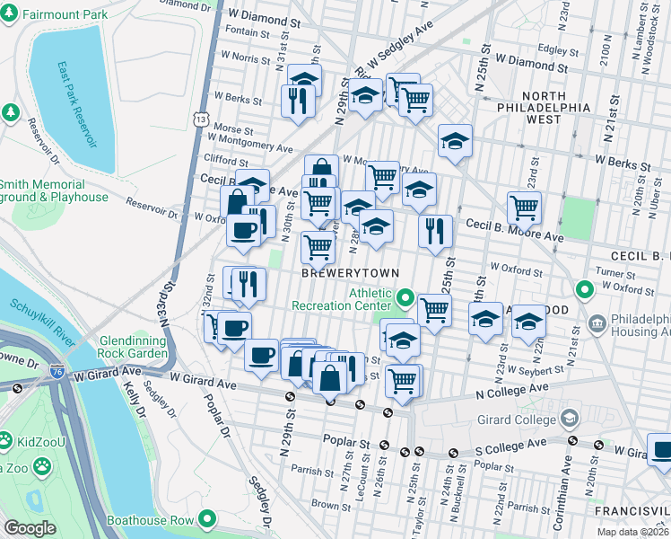 map of restaurants, bars, coffee shops, grocery stores, and more near in Philadelphia