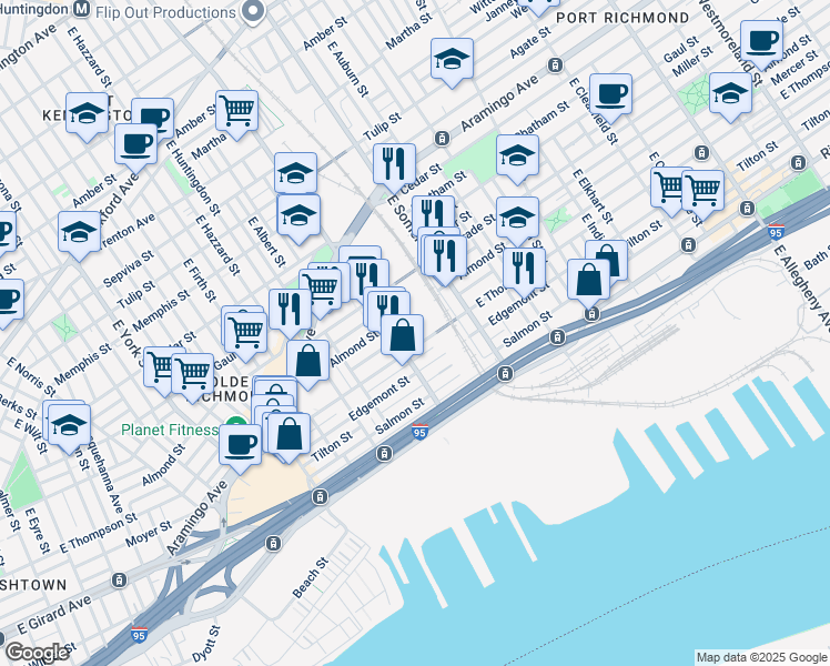 map of restaurants, bars, coffee shops, grocery stores, and more near 2729 Mercer Street in Philadelphia