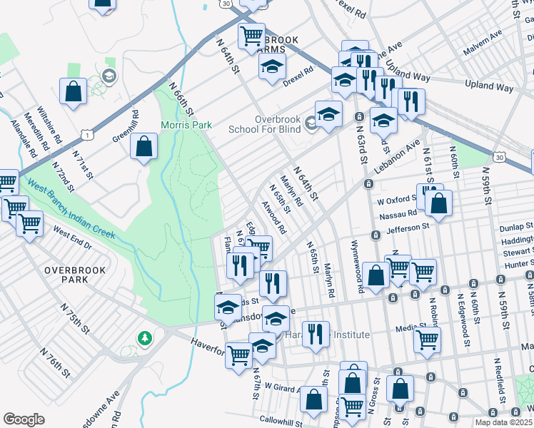 map of restaurants, bars, coffee shops, grocery stores, and more near 1206 Atwood Road in Philadelphia